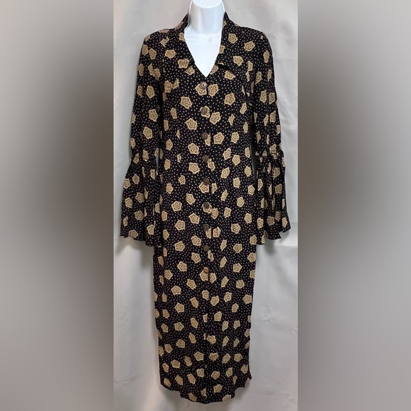 VTG 90s MICA Sz‎ 8 Midi Dress Star Print Scroll Button Down Front Bell Sleeve - Picture 1 of 12